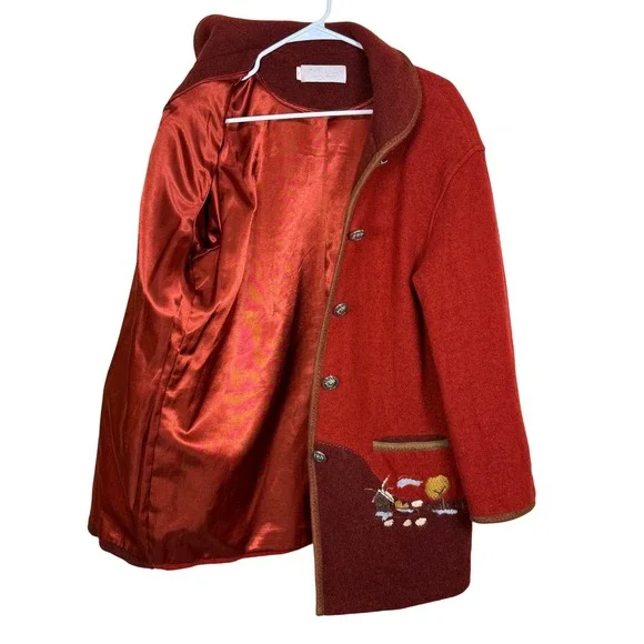 Wool Jacket Coat‎ Womens Red Brown Embroidered Sheep Countryside Scene Unique - Picture 8 of 8